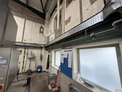 Low-pressure pipework installed as part of the new pressure washing infrastructure. This feed supplies water to the pressure washer systems and forms part of the wider distribution network installed throughout the facility. Routed alongside the high-press